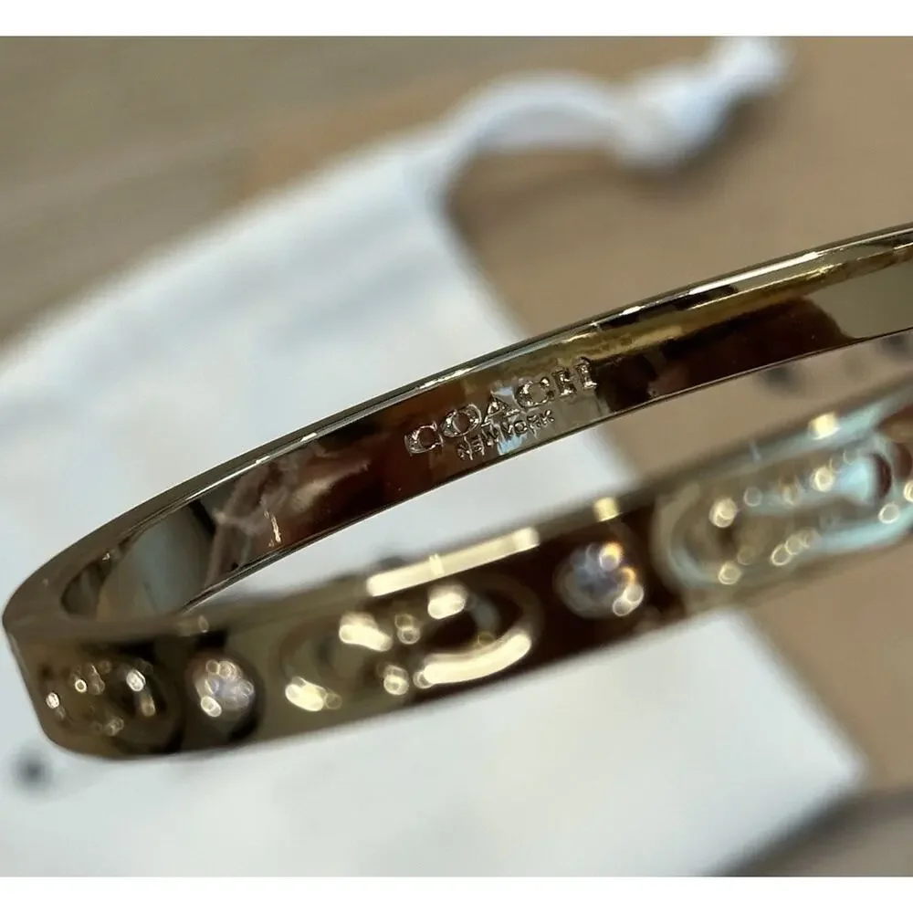 Coach “Kissing C” Signature Hinged Bangle Bracelet Jewelry Gold Rhinestone NWT